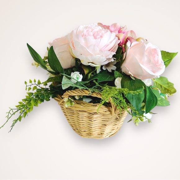 Pink/White Faux Floral Display in Handled Wicker Basket Decor - Picture 3 of 4